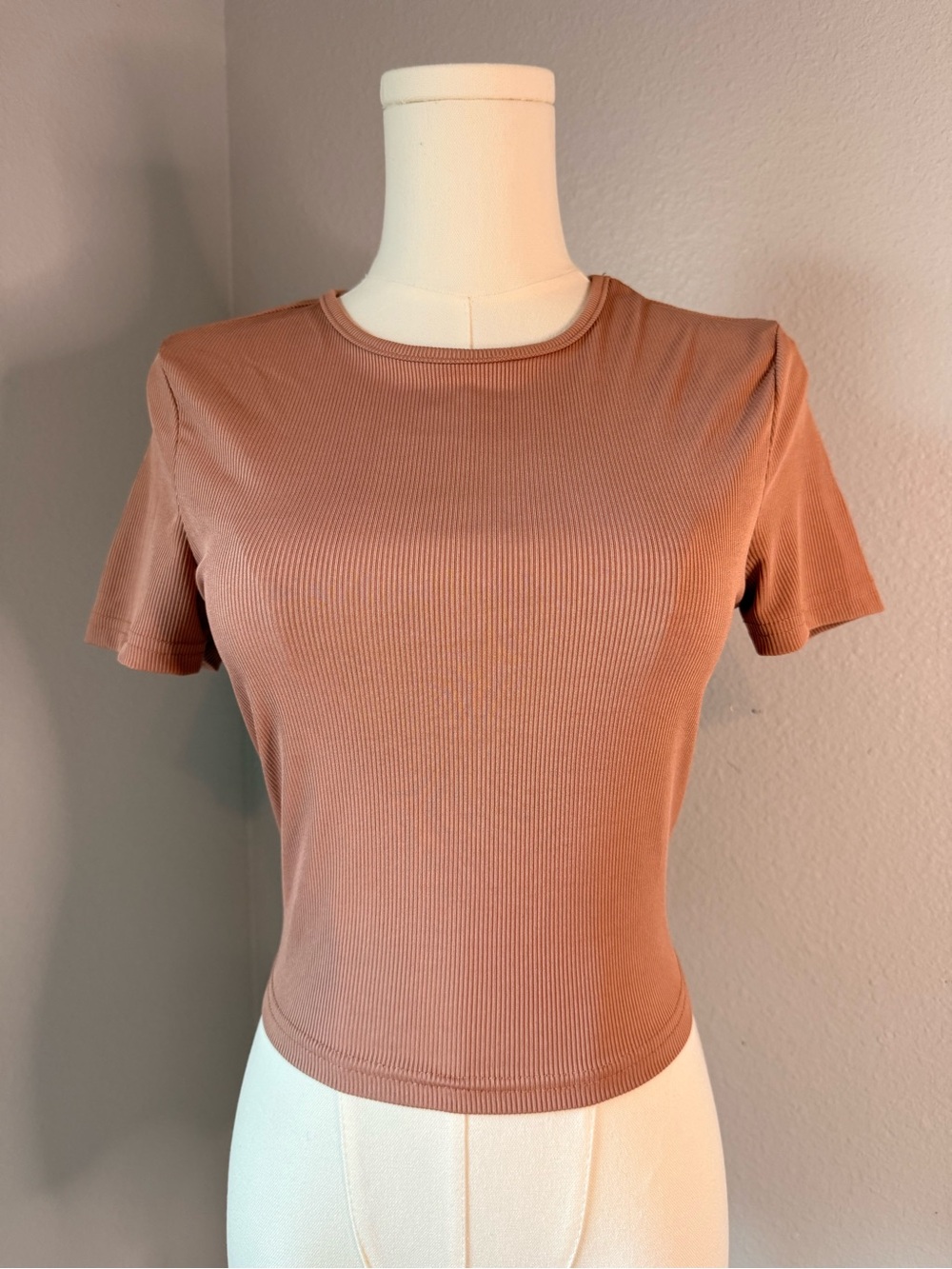 BOTURE Dusty Rose Ribbed Crop Top Short Sleeve Fitted Tee S